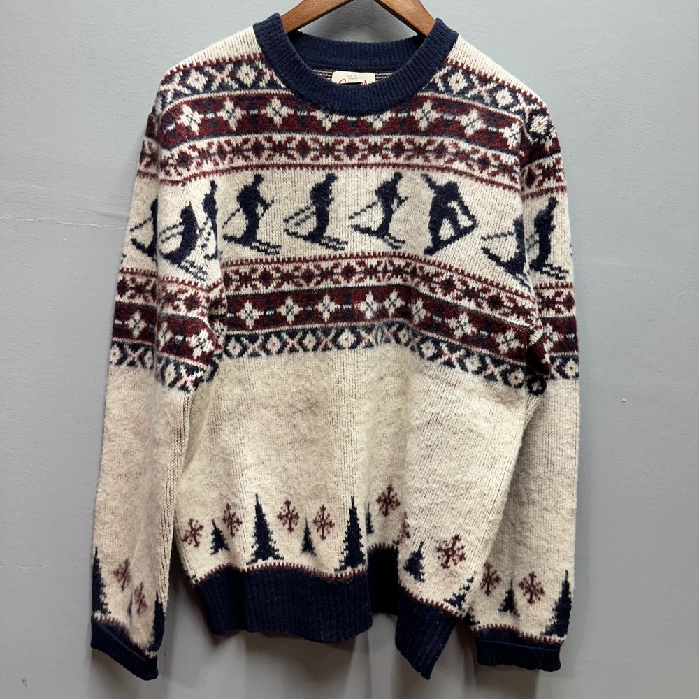 Lands End Canvas Mens Large Lambswool Fair Isle Ski Novelty Sweater Navy Cream